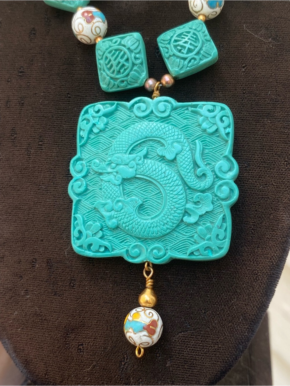 Handcrafted Carved Turquoise f Cinnabar Dragon Pendant, Shou, Cloisonné Necklace - Picture 4 of 15